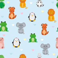 Seamless vector pattern with baby animals on a blue background. Cute animals.