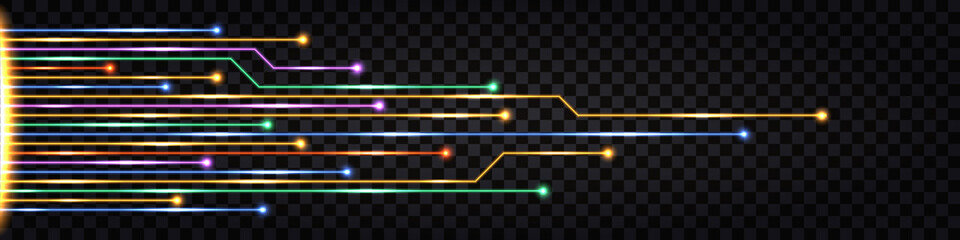 Fiber optic cable lines with neon light glow effect. Network connection, digital  communication technology design. Isolated on tranparent background. Vector illustration