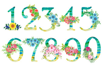 Alphabet numbers sets with yellow green watercolor fill and with cute bouquets of spring flowers. Suitable for greeting cards,invitations,design works,crafts and hobbies.