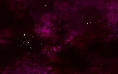 Abstract night sky space watercolor background with stars. Watercolor dark red pink nebula universe. Watercolor hand drawn illustration. Pink watercolor ombre leaks and splashes texture. 