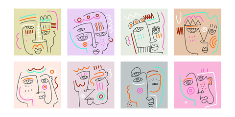 Set of abstract face portrait line art vector illustration. Trendy colorful design templates abstract shapes hand drawing.