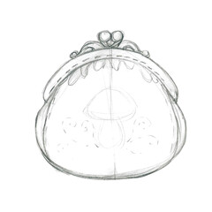 Hand-drawn graphite pencil sketch of vintage coin purse. Freehand pencil drawing isolated on white background.