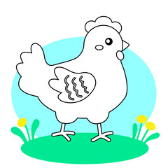 cute cartoon coloring page chicken on the lawn