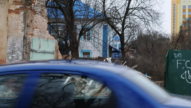 Chernihiv Ukraine 2022: A destroyed building after air attack. Result of rocket or artillery shelling   residential buildings by Russian Federation army.
Ruins during War of Russia against Ukraine.
