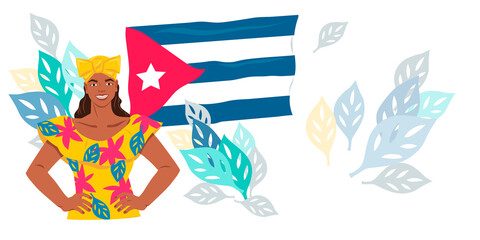 Cuba travel poster or flyer design with cuban woman at national flag backdrop. Cuba trip advertising banner or flyer for tourist agency background, flat vector illustration. - obrazy, fototapety, plakaty