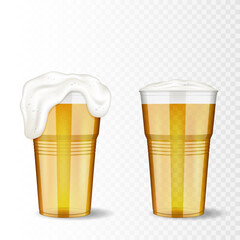 Set of disposable plastic transparent cup with beer, isolated.