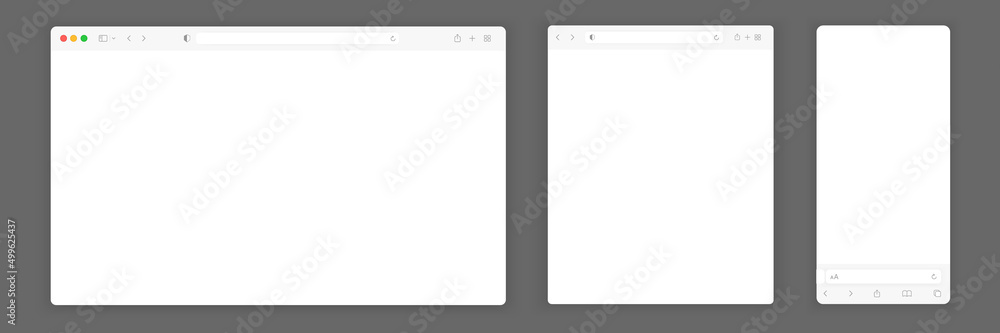 Fototapete Web browser window white template. Realistic blank browser window with toolbar and shadow. Sample frame design Internet page mockup. PC, laptop, tablet and smartphone empty web page mockup.