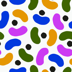 Beautiful seamless texture with abstract shapes. Vector pattern with geometric figures, dots and blobs. Abstract background with modern cutout shapes.
