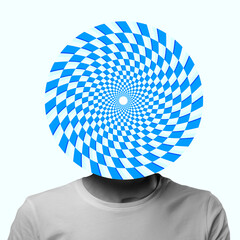 Contemporary art collage. Man with optical illusion design circle instead head isolated over light...