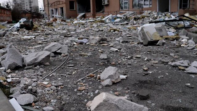 Chernihiv Ukraine 2022: A destroyed building after air attack. Result of rocket or artillery shelling   residential buildings by Russian Federation army.
Ruins during War of Russia against Ukraine.