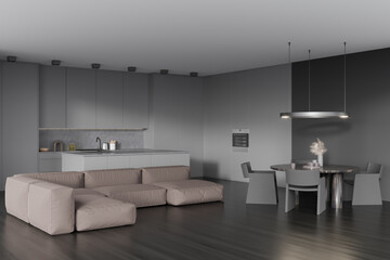 Corner view on dark kitchen interior with sofa, dining table