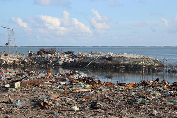 The problem of environmental pollution. Garbage dump at sea.