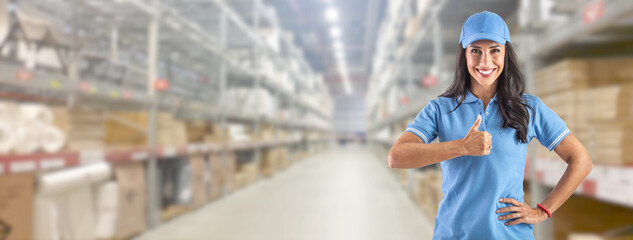 Young delivery woman in work clothes in front of a huge warehouse pointing finger up