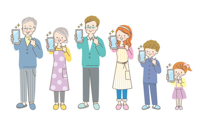 スマホの画面を見せる笑顔の三世代家族