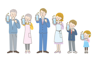 スマホの画面を見せる笑顔の三世代家族