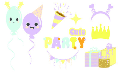 Cartoon party decorations. Collection of holiday items. Isolated vector illustration