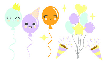 Naklejka premium Cartoon party decorations. Collection of holiday items. Isolated vector illustration