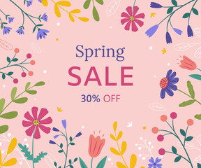 Spring sale. Vector illustration with flowers and leaves on a pink background. The spring background can be used as a banner, greeting card, poster, invitation template, flyer.