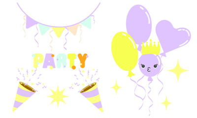 Cartoon party decorations. Collection of holiday items. Isolated vector illustration