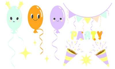 Obraz na płótnie Canvas Cartoon party decorations. Collection of holiday items. Isolated vector illustration