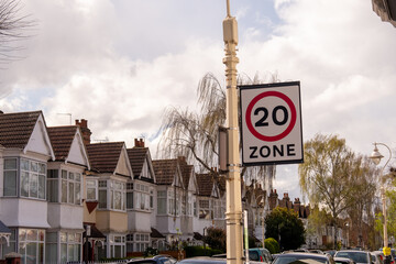 London- 20 mph speed limit sign on residential street in west London