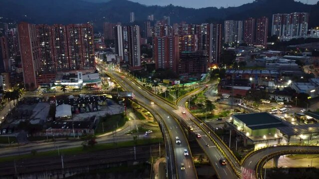 View of the city of medellin at night, light traffic and lights