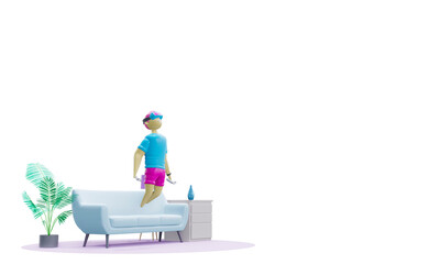 3d render. A plastic character in vr glasses and with joysticks flies over the sofa in the room