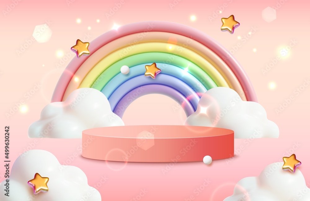 Poster abstract minimal scene with podium platform stage product and rainbow with clouds for ad. vector ill