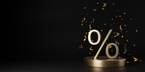 Fototapeta premium Golden discount sign and falling confetti on black background. Free, copy space for your text. Special offer, good price, deal, shopping. Black friday. 3d rendering.
