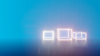 Luminous construction of cubes in blue room 3d render