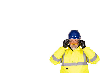 A construction worker in a bright yellow hi-viz coat and safety gloves wearing tinted safety glasses for eye protection isolated on white background. Safety on construction site banner concept