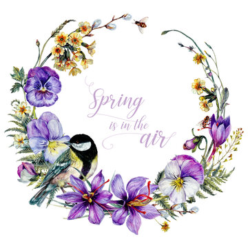 Hand Drawn Watercolor Floral Decoration Isolated on White. Spring Flowers Arrangement in Vintage Style.