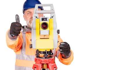 Construction Site engineer in hi-viz using modern surveying total station isolated on white background. Safety on construction site or get degree in construction banner concept