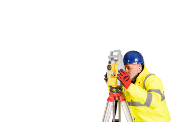 Construction Site engineer in hi-viz using modern surveying total station isolated on white...