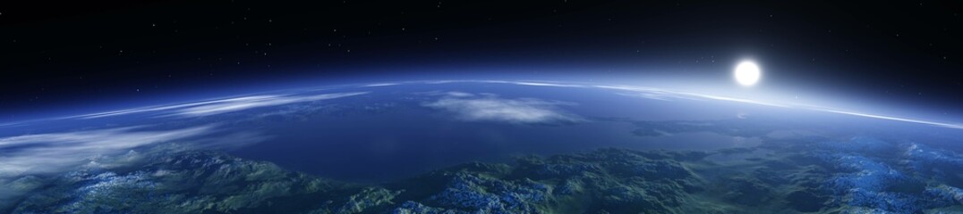 Clouds of the Earth from orbit at sunrise, 3D rendering