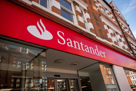 London-  Santander high street bank branch, a Spanish multinational bank and financial services company