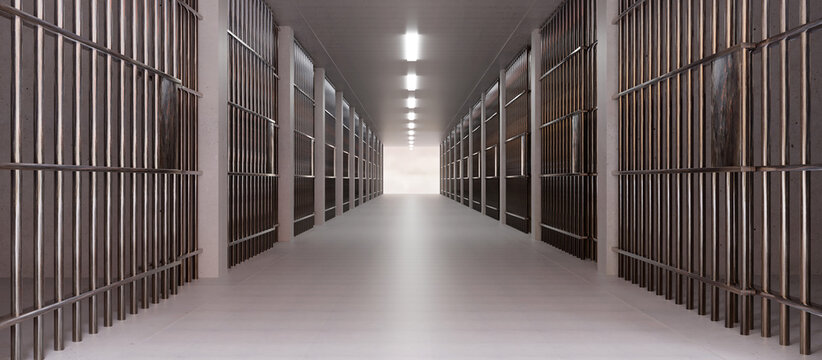 Prison facility interior. Jail cell, empty corridor. Conviction and incarceration, 3d render