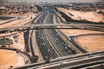 Aerial View Of Cityscape Of Dubai From Window Of Plane. Aerial View Of Skyline Dubai Cityscape. United Arab Emirates.