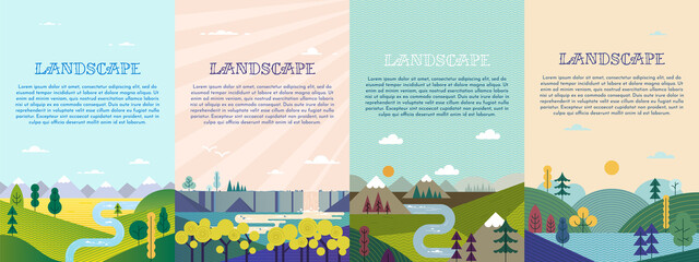Naklejka premium Abstract landscape vector set. Banners set with polygonal mountains landscape illustrations. Minimalistic style. Simple flat design. Hiking. Travel concept of discovering, exploring, observing nature.
