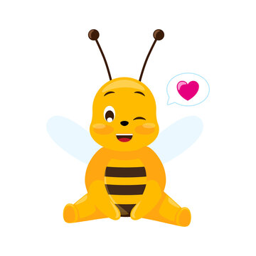 Cute bee wink isolated on white background. Smiling cartoon character fall in love.