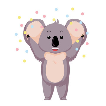 Happy koala with confetti isolated on white background. Cartoon character party.