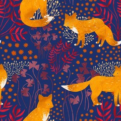 Pattern with floral elements for textiles. Seamless ornament with forest animals. Pattern with cute foxes for children's fabrics, wallpapers, wrapping paper