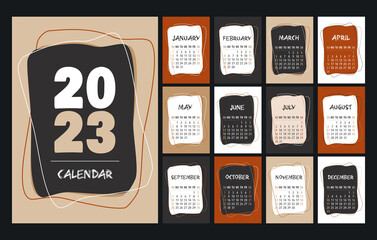 Calendar 2023 template, red, brown, beige, white and black desk calendar design. Week start On Sunday, planner, stationery, wall calendar. Vector illustration