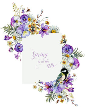 Hand Drawn Watercolor Floral Decoration Isolated on White. Spring Flowers Arrangement in Vintage Style.