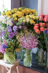 a showcase in a flower shop. Fresh flowers in the store