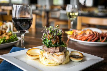 Meat Tower on a Potato Base With Red WIne