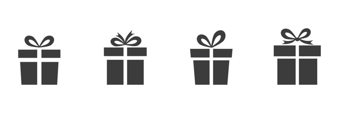 Gift boxes icons set. Black presents with bows collection. Surprise silhouette. Vector isolated on white.