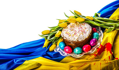 Ukrainian symbols. Easter. Easter cake, painted eggs and tulips against the background of the...