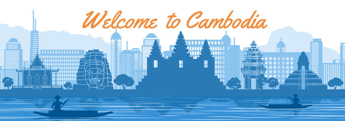 Cambodia famous landmark silhouette style behind river and boat and in front of towers,vector illustration