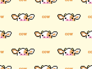 Cow cartoon character seamless pattern on yellow background.Pixel style